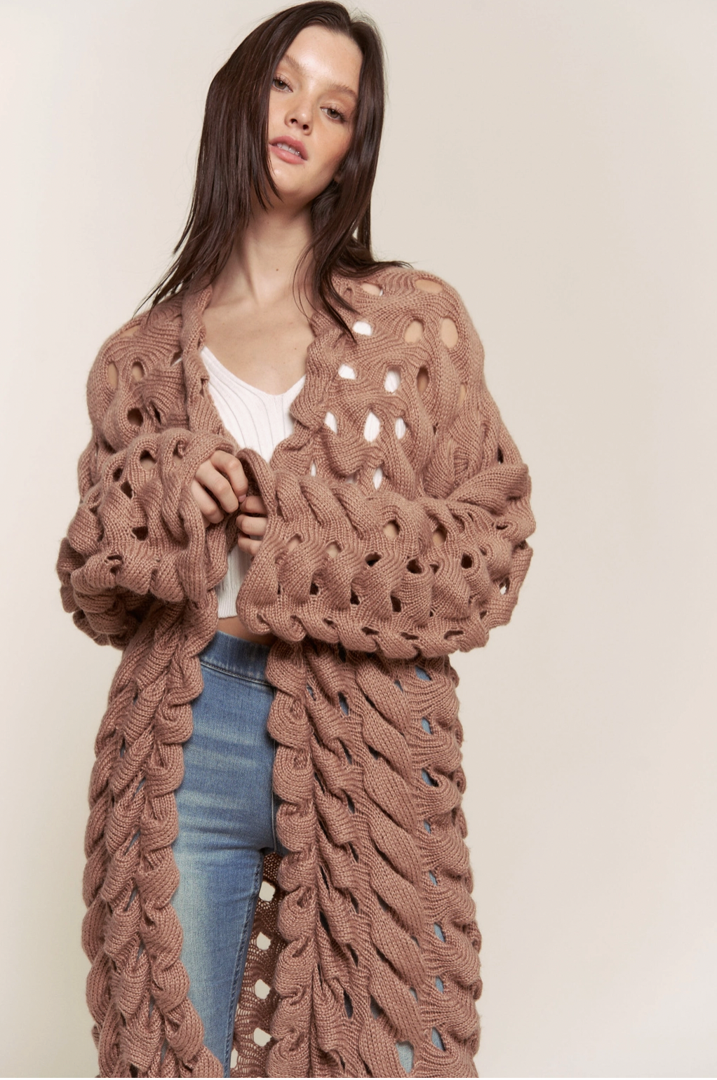 Knit Open Sweater Cardigan - Taupe