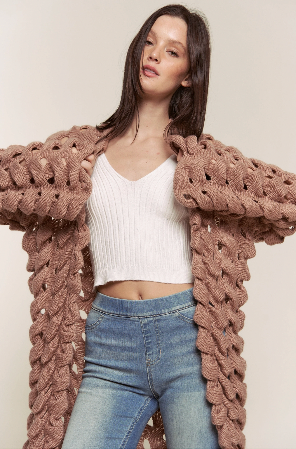 Knit Open Sweater Cardigan - Taupe